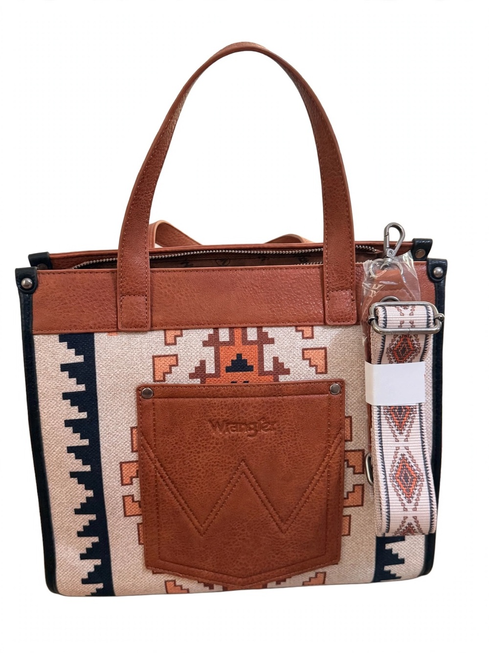 Wrangler Brown and Black Southwestern Pattern Tote with Detachable Strap